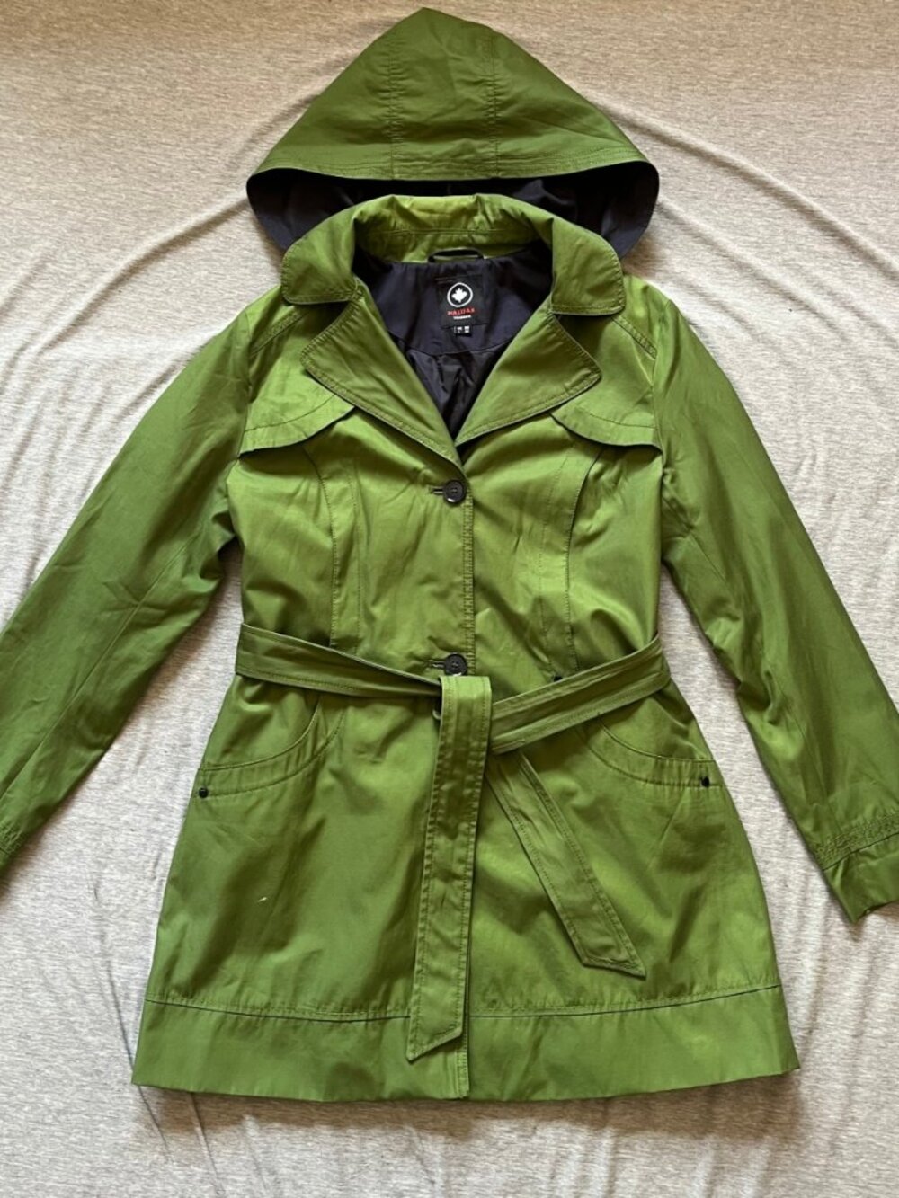 Halifax Traders Women's Hooded Green Belted Trench Coat Windbreaker Size Large